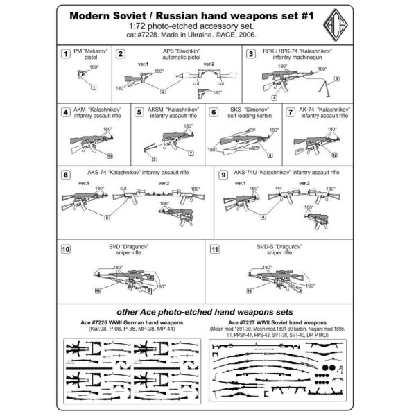 Modern Soviet/Russian hand weapons (AK-47, AKSU, AK-74, AKM, APS, RPK, SVD) 1/72 ACE PE7228