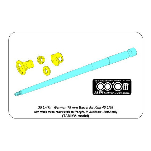 German 75mm barrel for Kwk 40 L/48 with middle model muzzle brake for Pz.Kpfw. IV, Ausf.H late - Ausf.J early 1/35 ABER 35 L-047N