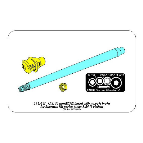 U.S 76 mm M1A2 barrel with muzzle brake for Sherman M4 series tanks with M62 mount 1/35 ABER 35 L-137