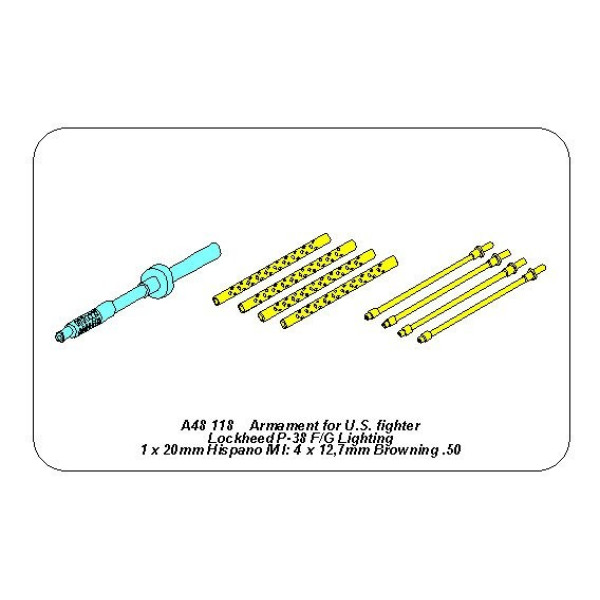 Armament for U.S. fighter Lockheed P-38 F/G Lighting: 1 x 20mm 4x 12,7mm gun barrels 1/48 Aber A48 118