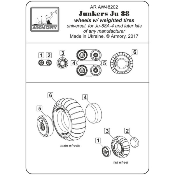 Смоляні колеса для моделі літака Junkers Ju 88, пізні з важкими шинами 1/48 Armory Models AR AW48202 Смоляні колеса для моделі літака Junkers Ju 88, пізні з важкими шинами 1/48 Armory Models AR AW48202