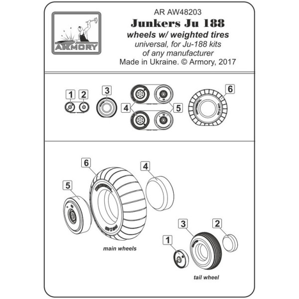 Смоляні колеса для моделі літака Junkers Ju 88, з важкими шинами 1/48 Armory Models AR AW48203