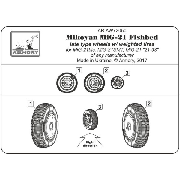 Набір смоляних коліс для літака Мікоян МіГ-21 Колеса Fishbed з важкими шинами, пізні 1/72 Armory Models AR AW72050