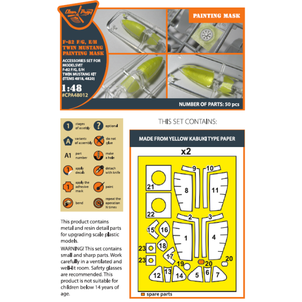 F-82F/G, E/H Twin Mustang painting mask for Modelsvit kit (4818/4820)  1/48 ClearProp CPA48012