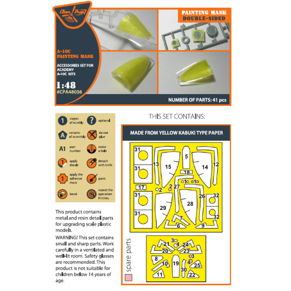 A-10C double-sided painting mask on "yellow kabuki paper" for ACADEMY kit 1/48 ClearProp CPA48036