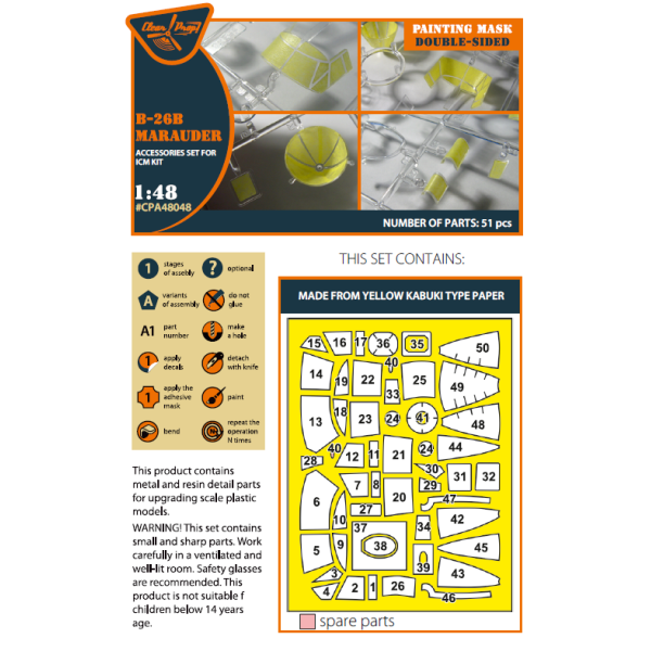 B-26B double-sided painting mask for ICM kit "yellow kabuki paper" 1/48 ClearProp CPA48048