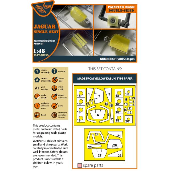 Jaguar Single seat double-sided painting mask on "yellow kabuki paper" for Airfix kit 1/48 ClearProp CPA48105