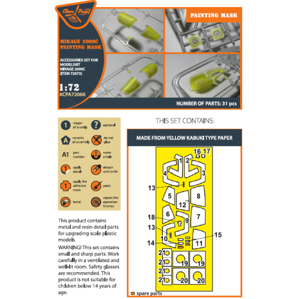 Mirage 2000C  Modelsvit (72073) painting mask on "yellow kabuki paper" 1/72 ClearProp CPA72066
