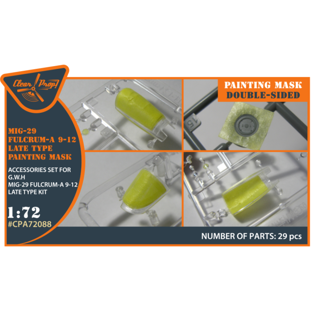 MiG-29 FULCRUM-A 9-12 late type double-sided painting mask on "yellow kabuki paper" for GWH kits 1/72 ClearProp CPA72088