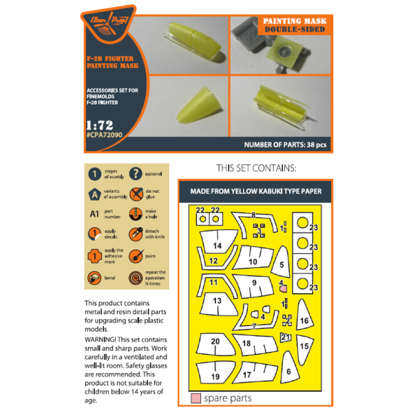 F-2B Fighter double-sided painting mask on "yellow kabuki paper" for Finemolds kits 1/72 ClearProp CPA72090