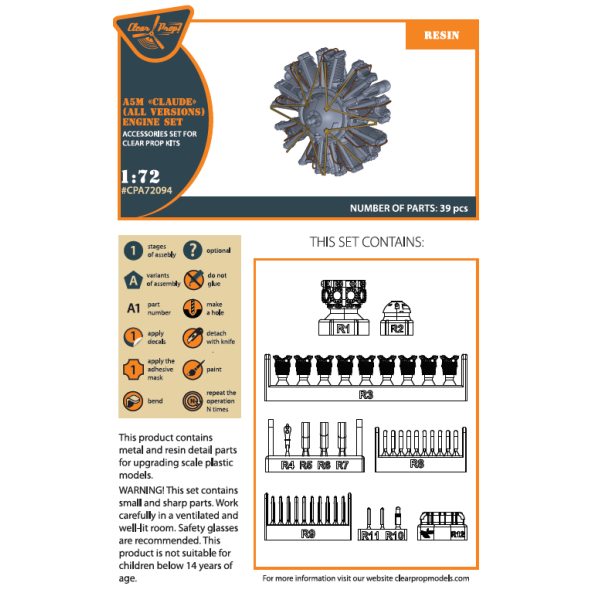 A5M Claude (all versions) resin engine set for CP kits  1/72 ClearProp CPA72094
