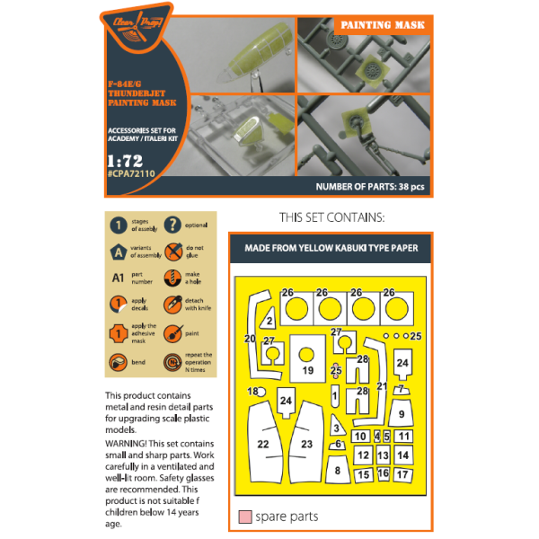 F84E/G Thunderjet (Italeri/Academy)  kit painting mask "yellow kabuki paper" 1/72 ClearProp CPA72110