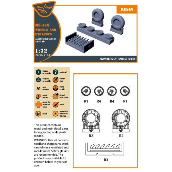 Me-410 B-1/U2/U4/R4 wheel set and exhausts (Resin) 1/72 ClearProp CPA72113