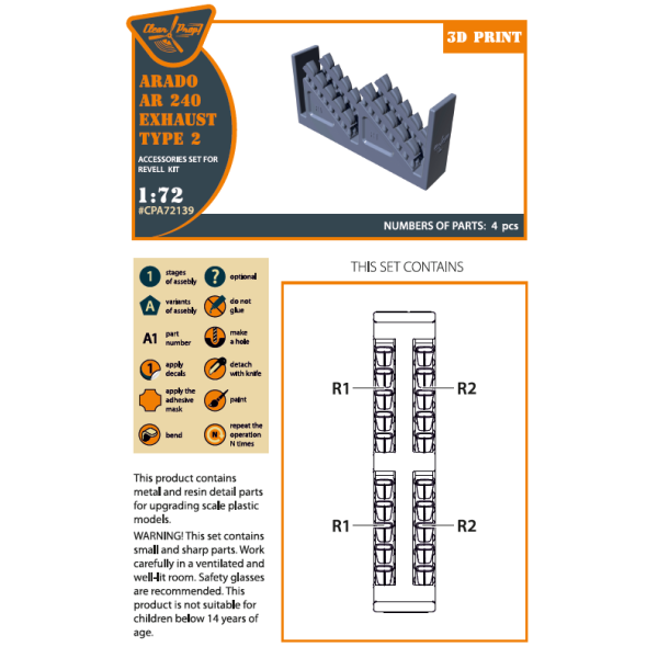 Arado Ar-240 type 2 exhaust set for REVELL kit  1/72 ClearProp CPA72139
