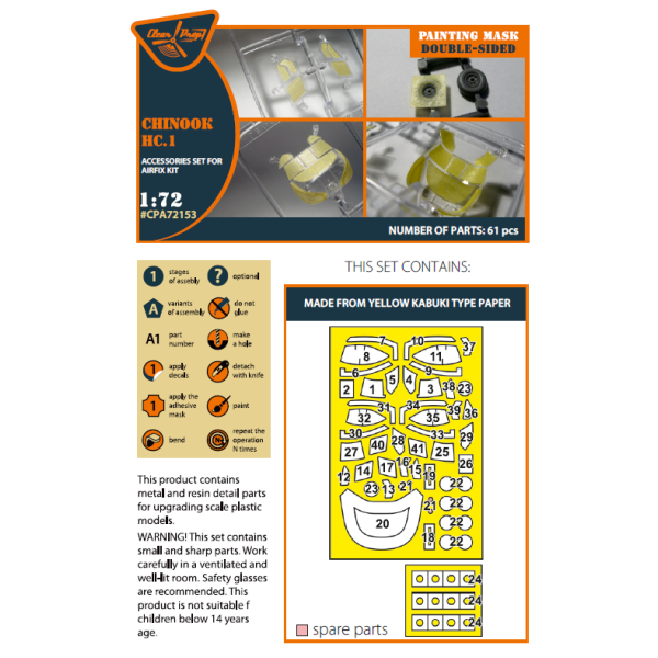 Chinook HC.1  double-sided  painting mask on "yellow kabuki paper" for  Airfix 1/72 ClearProp CPA72153