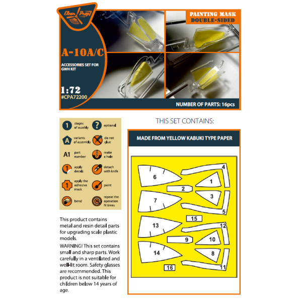 A-10 A/C double-sided painting mask on "yellow kabuki paper" for GWH kit  1/72 ClearProp CPA72200