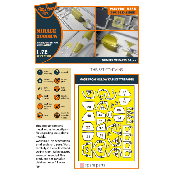 Mirage 2000B/N double-sided painting mask on "yellow kabuki paper" for Modelsvit kit  1/72 ClearProp CPA72201
