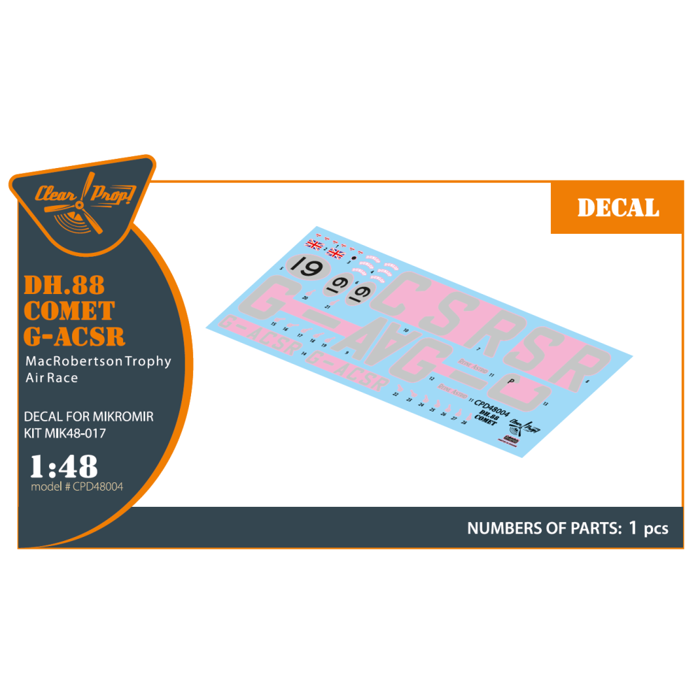 DH.88 Comet G-ACSR MacRobertson Trophy Air Race Decal (Mikromir) 1/48 ClearProp CPD48004