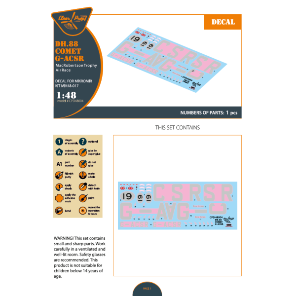 DH.88 Comet G-ACSR MacRobertson Trophy Air Race Decal (Mikromir) 1/48 ClearProp CPD48004