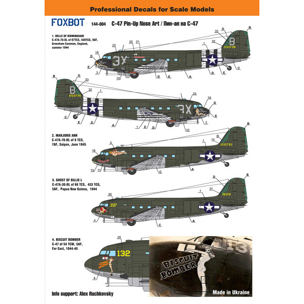 Decals  Douglas C-47 Skytrain/Dakota "Pin-Up Nose Art and Stencils"  1/144 Foxbot 144-004