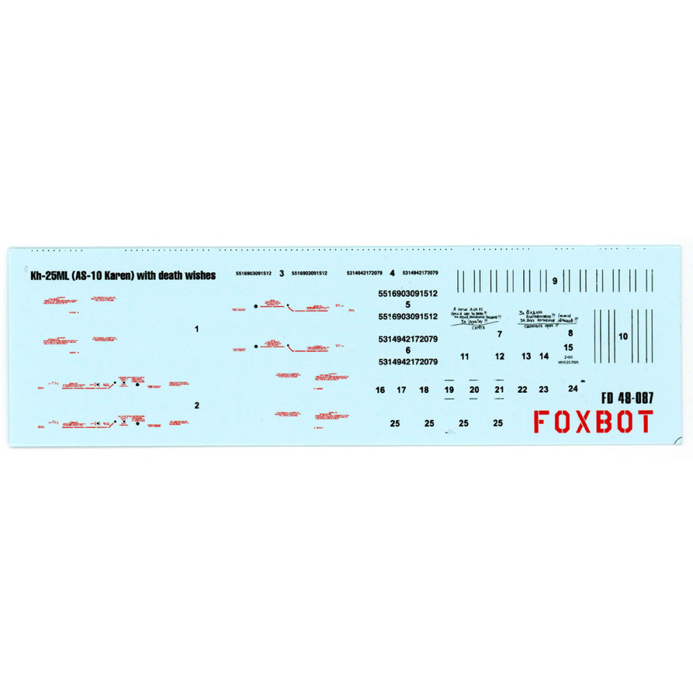 Decals  Stencils for Missile Kh-25ML (AS-10 Karen) with death wishes, Ukranian Air Forces 1/48 Foxbot 48-087