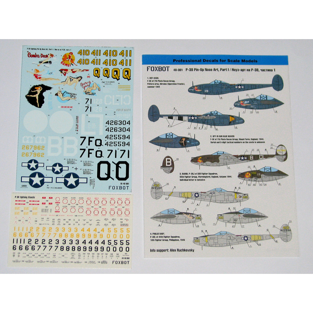 Decals Lockheed P-38 Lightning Pin-Up Nose Art and Stencils (Part I) 1/48 Foxbot 48-081