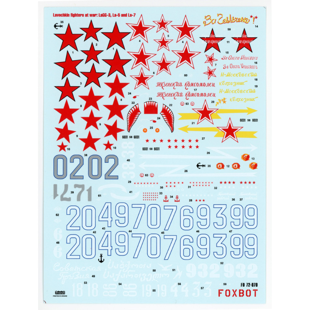 Decals Soviet interceptors Lavochkin fighters at war: LaGG-3, La-5/5F/5FN and La-7 1/72 Foxbot 72-070