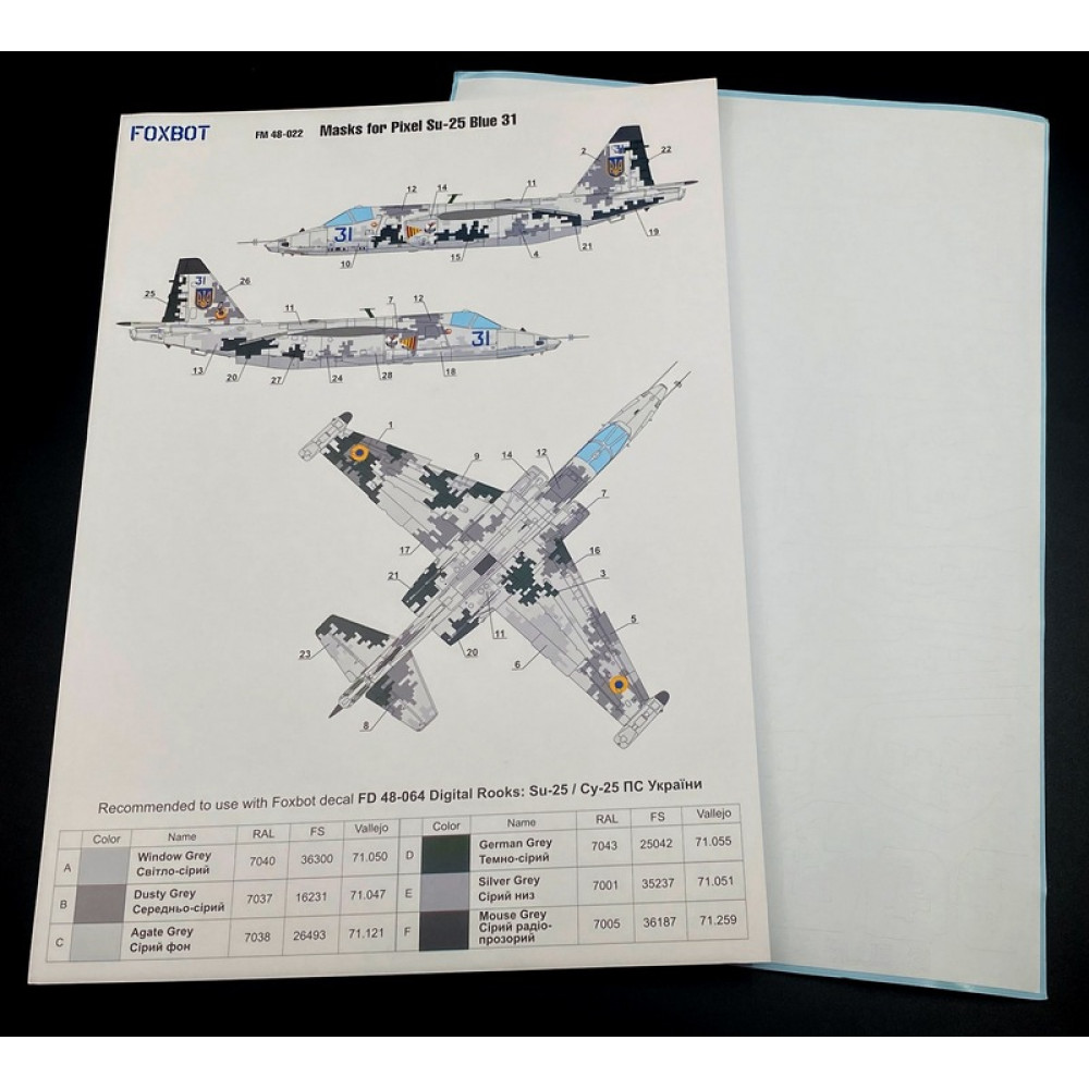 Masks for light digital camouflage of Su-25 Blue 31, Ukrainian Air Forces 1/48 Foxbot FM48-022
