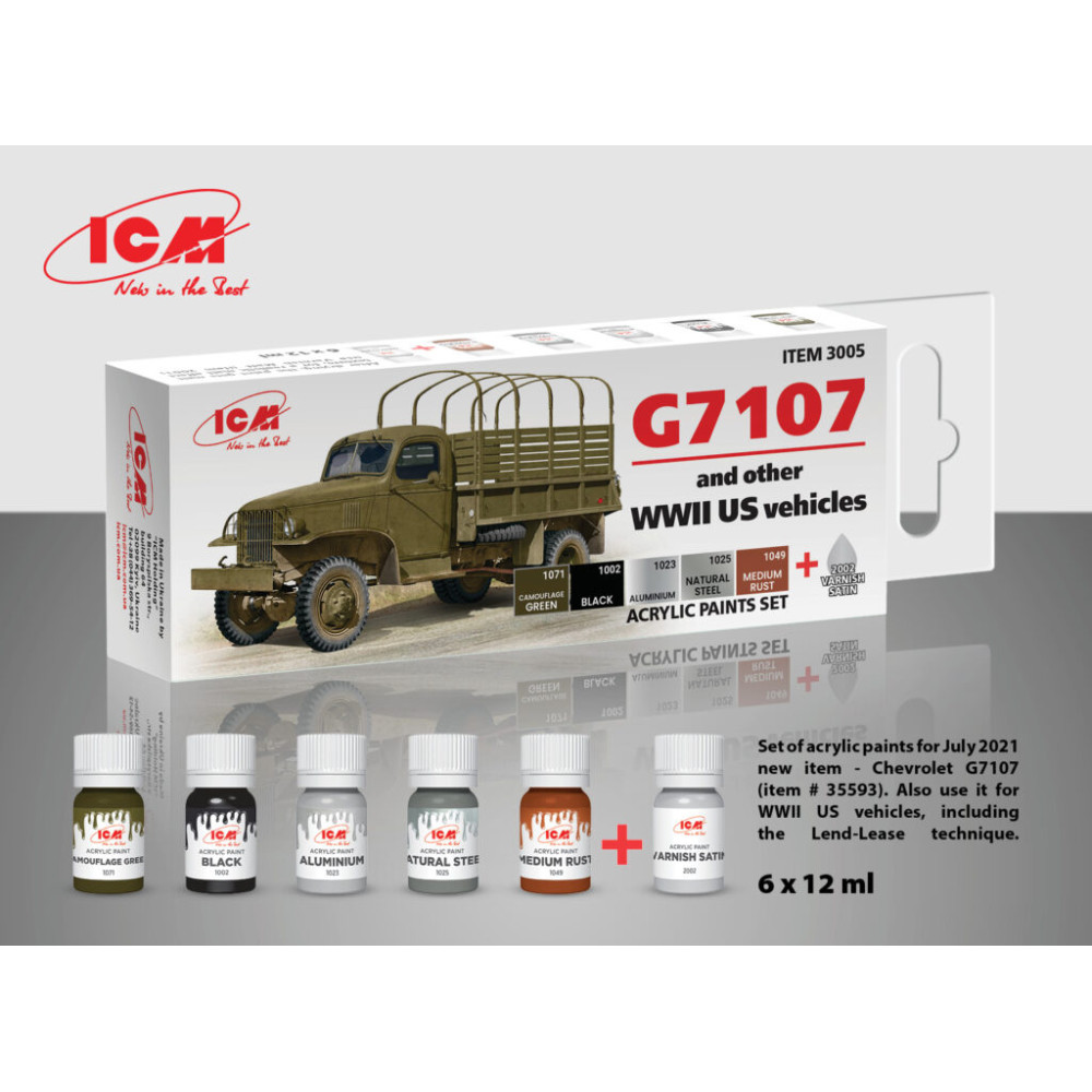 A set of paints for G7107 and American vehicles WWII era, 6 pcs. ICM 3005