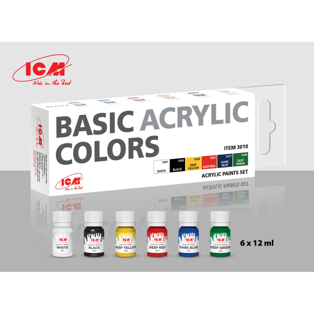 Set of basic acrylic paints, 6 pcs. ICM 3010
