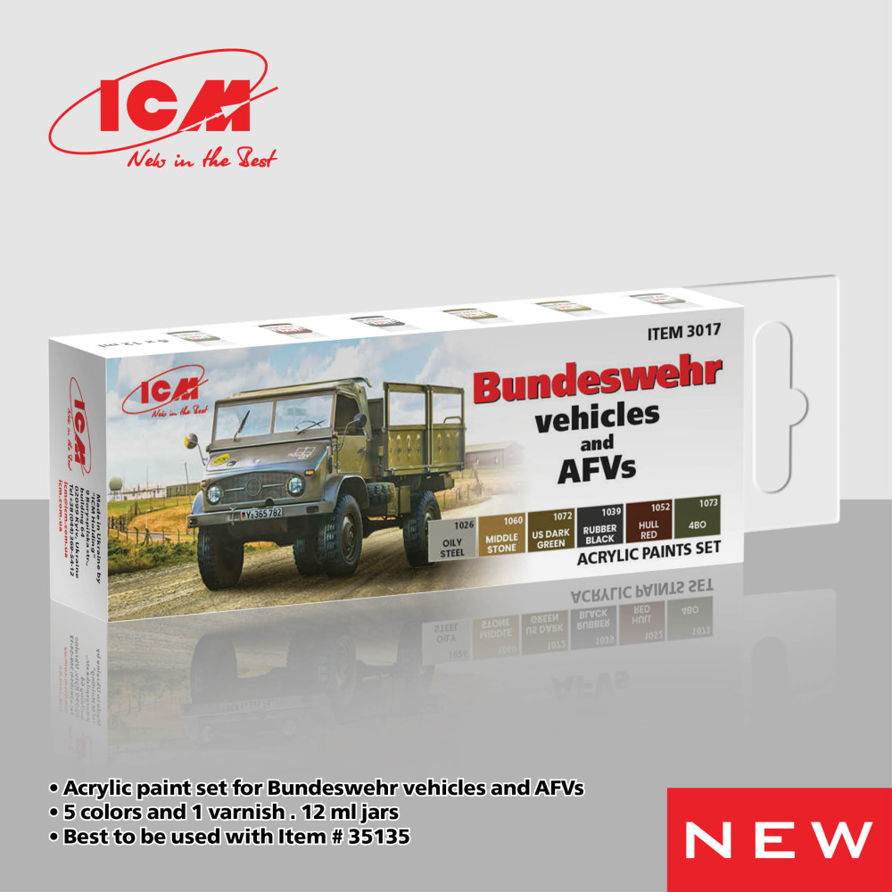 Acrylic paint set for Bundeswehr vehicles and AFVs, 6 pcs. ICM 3017