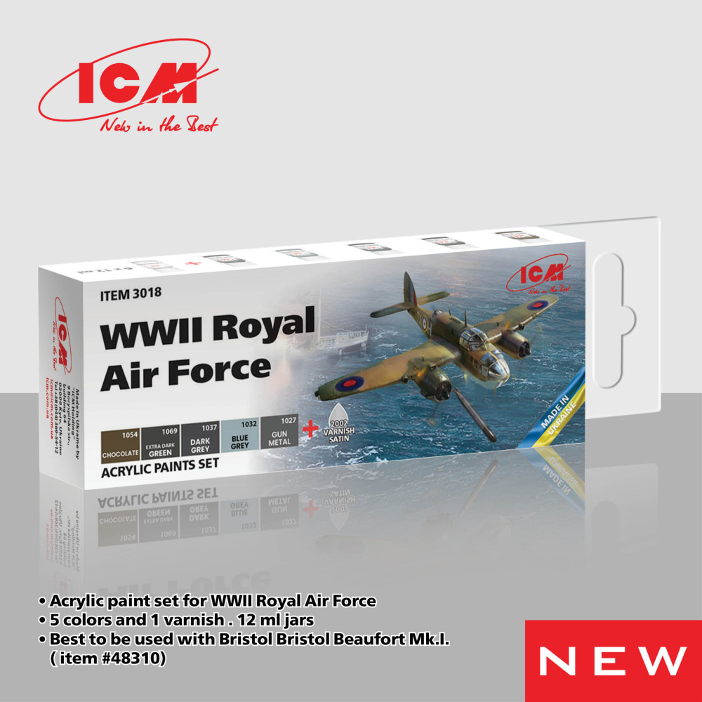Acrylic paint set for WWII Royal Air Force 6 pcs. ICM 3018