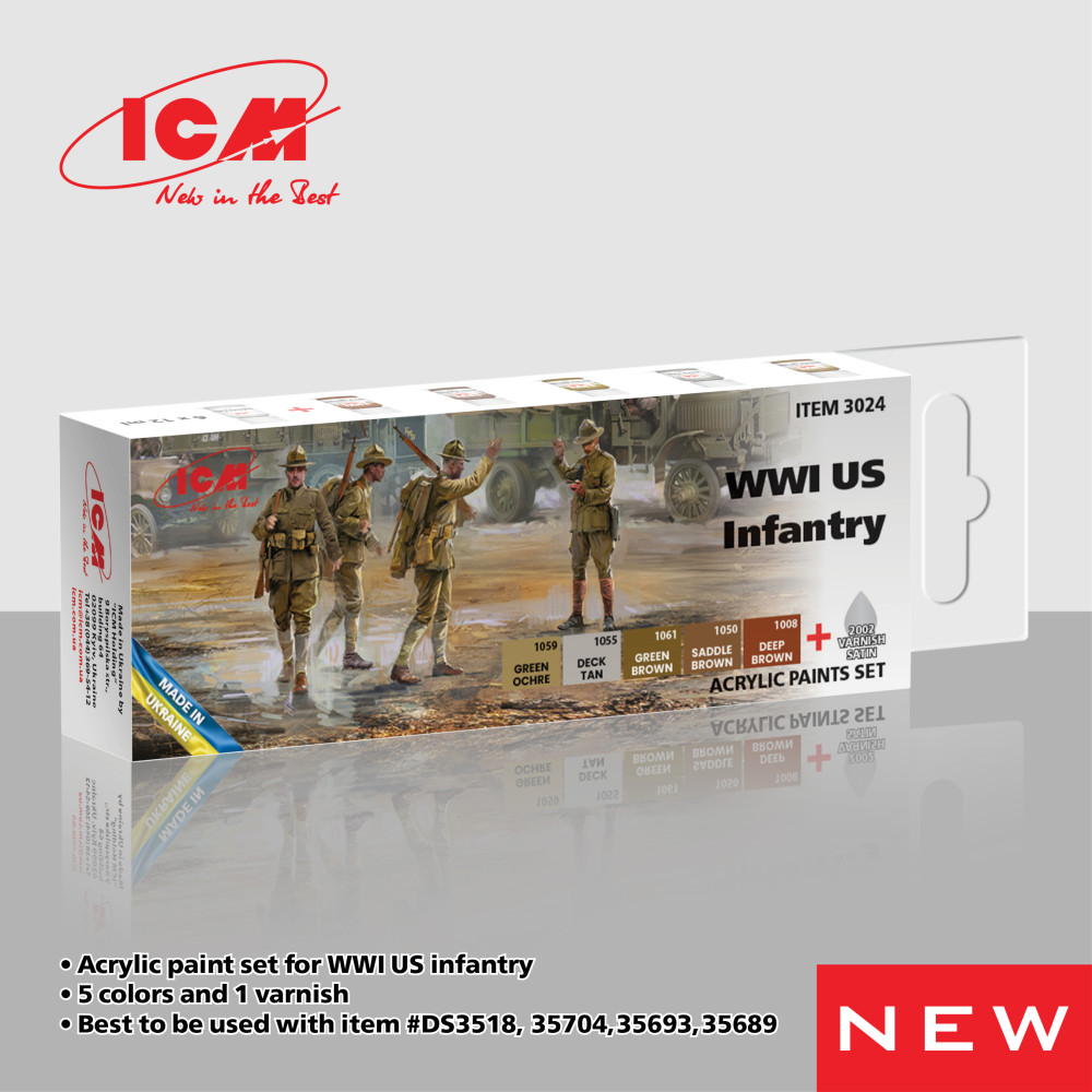 Acrylic paint set for WWI US infantry 6 pcs. ICM 3024