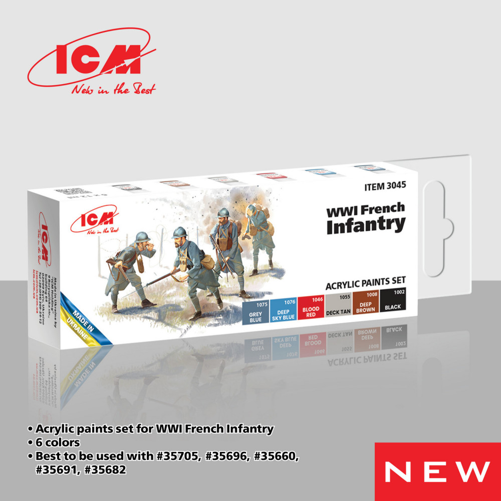 Acrylic paint set for WWI French Infantry 6 pcs. ICM 3045