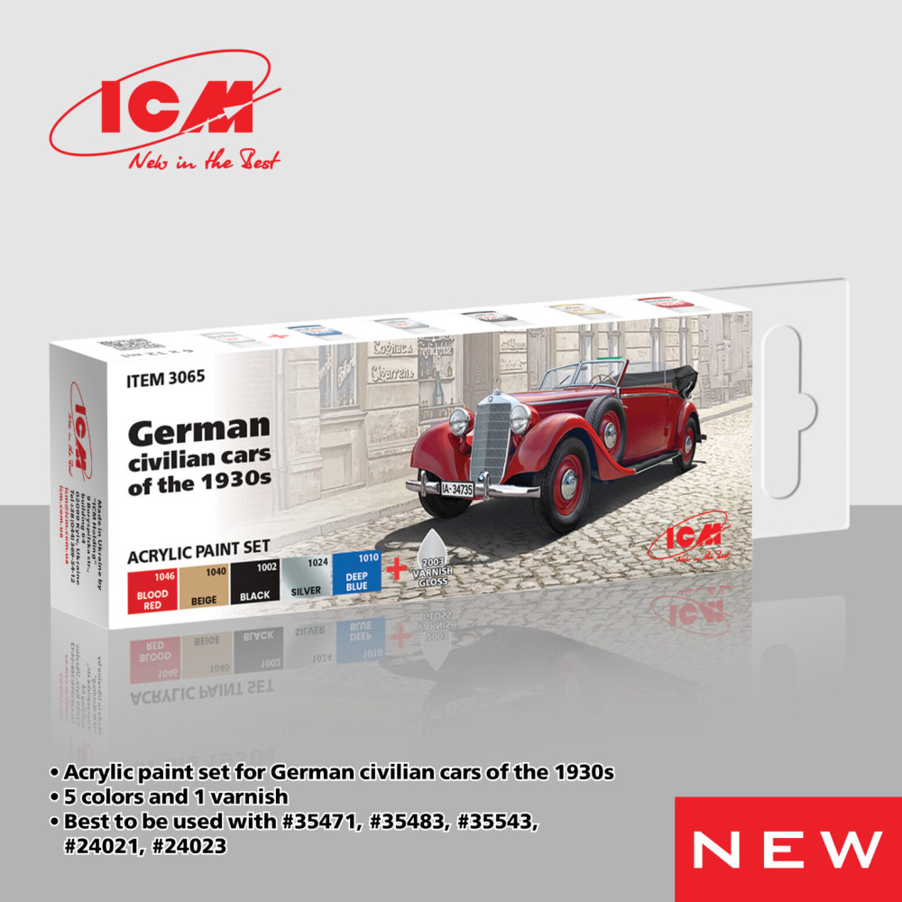 Acrylic paints set for German civilian cars of the 1930s 6 pcs. ICM 3065