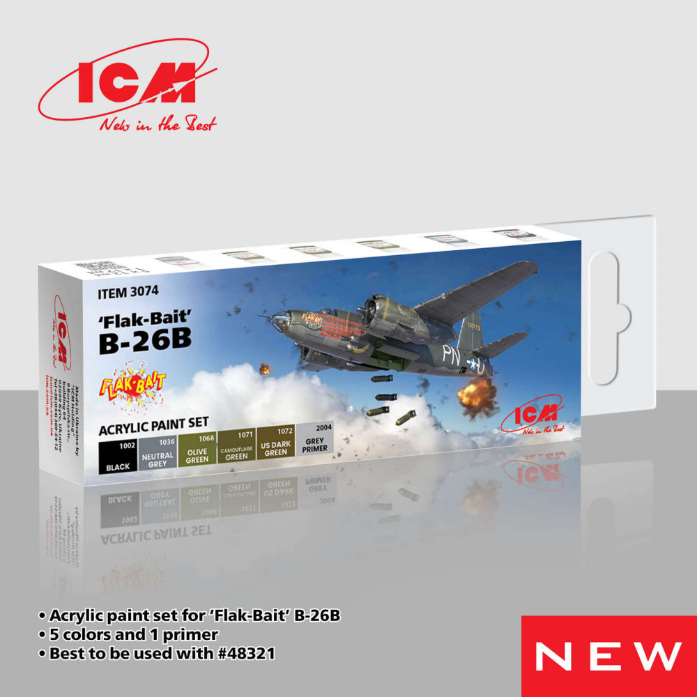 Acrylic paints set for B-26B ‘Flak Bait’ 6 шт. ICM 3074
