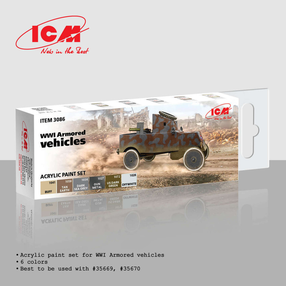 Acrylic paints set for WWI Armored vehicles 6 шт. ICM 3086