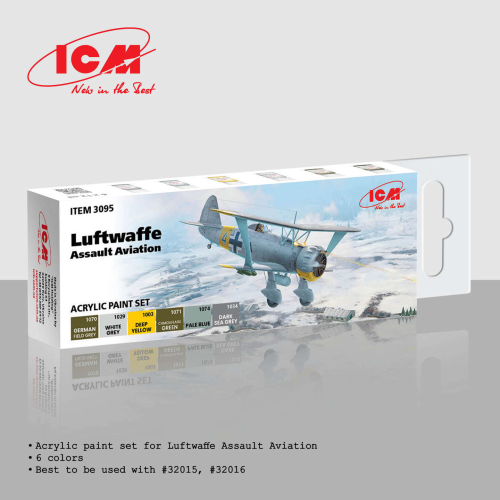 Acrylic paint set for Luftwaffe Assault Aviation 6 pcs. . ICM 3095