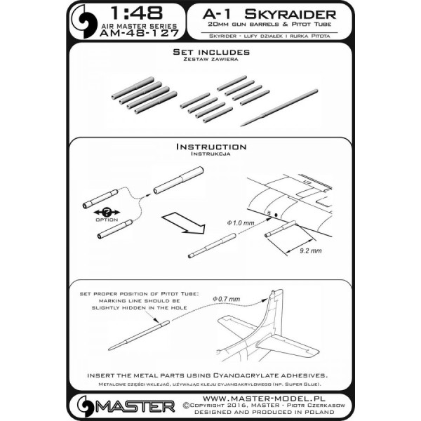 A-1 Skyraider - 20mm cannon barrels and Pitot Tube 1/48 Master 48-127