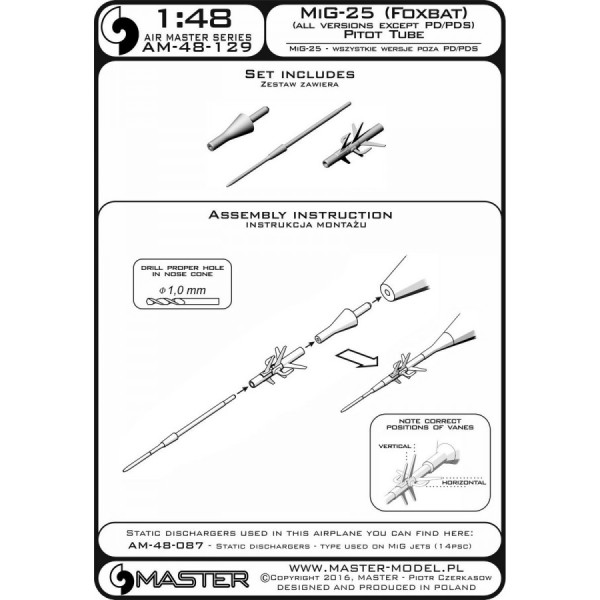 МіГ-25 (Foxbat) (всі версії, крім PD / PDS) - трубка Піто 1/48 Master 48-129