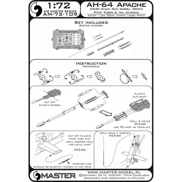 AH-64 Apache - M230 Chain Gun barrel (30mm), Pitot tubes and tail antenna (resin, PE and turned parts) 1/72 Master 72-109