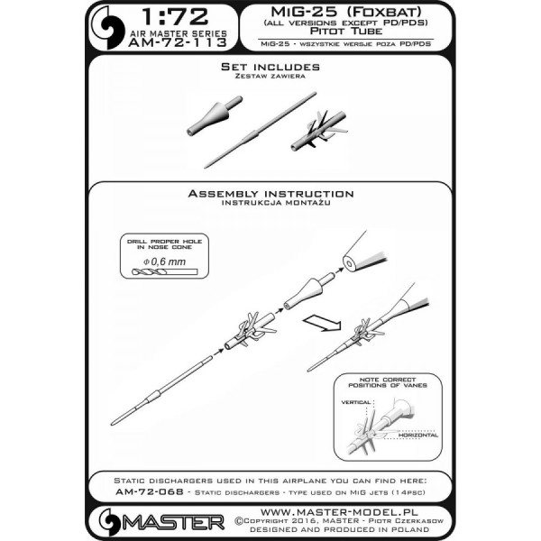  МіГ-25 (Foxbat) (всі версії, крім ПД / ПДС) - Трубка Піто 1/72 Master 72-113
