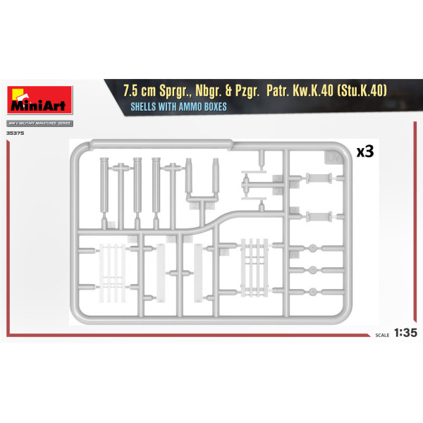 7.5 cm Sprgr., Nbgr. & Pzgr. Patr. Kw.K.40 (Stu.K.40) SHELLS WITH AMMO BOXES 1/35 MiniArt 35375