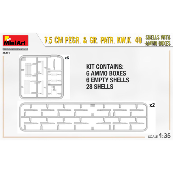 7.5 CM PZGR. & GR. PATR. KW.K. 40 shells with ammo boxes 1/35 MiniArt 35381