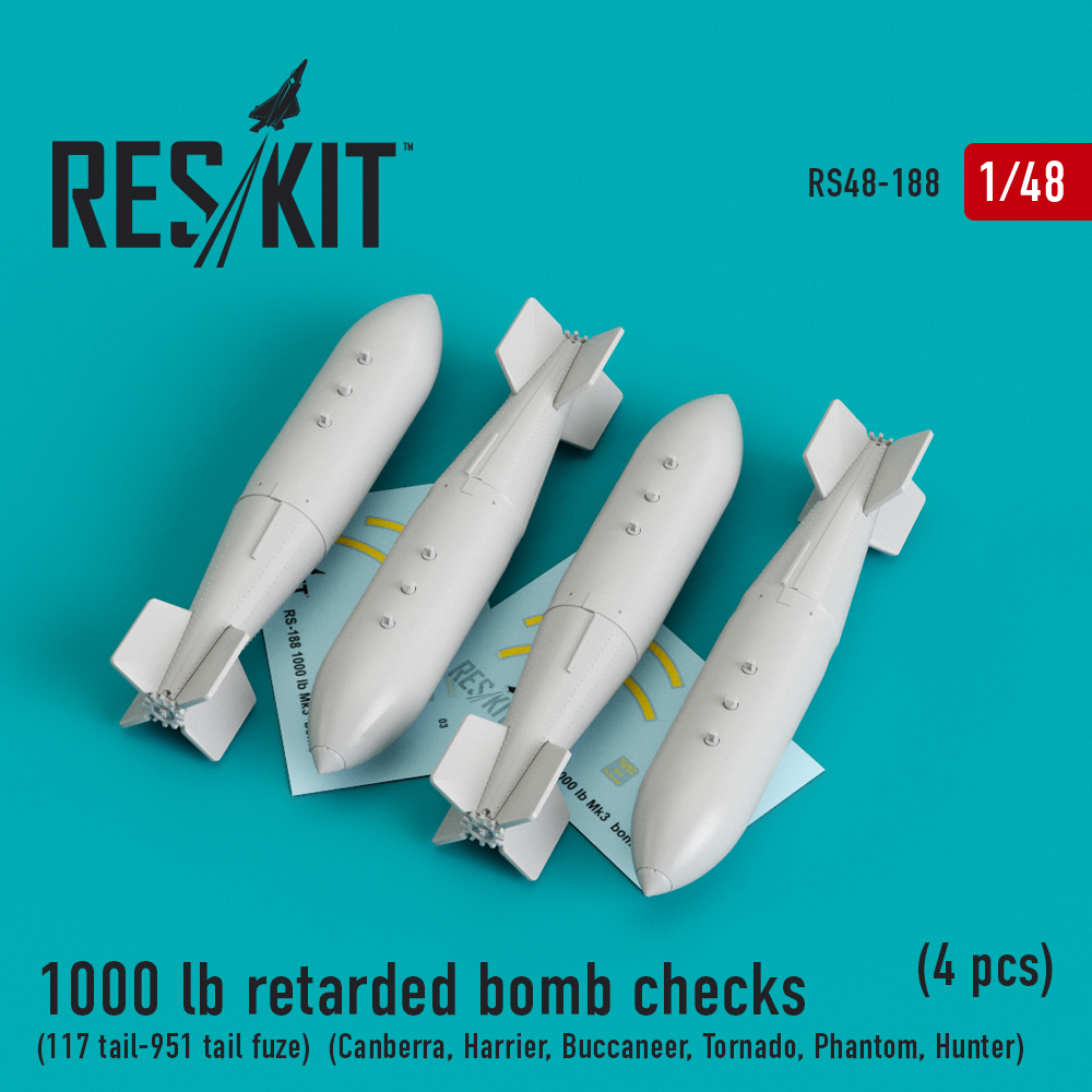 1000 lb retarded bomb checks (117 tail-951 tail fuze)  (Canberra, Harrier, Buccaneer, Tornado, Phantom, Hunter) (4 pcs) 1/48 ResKit RS48-0188