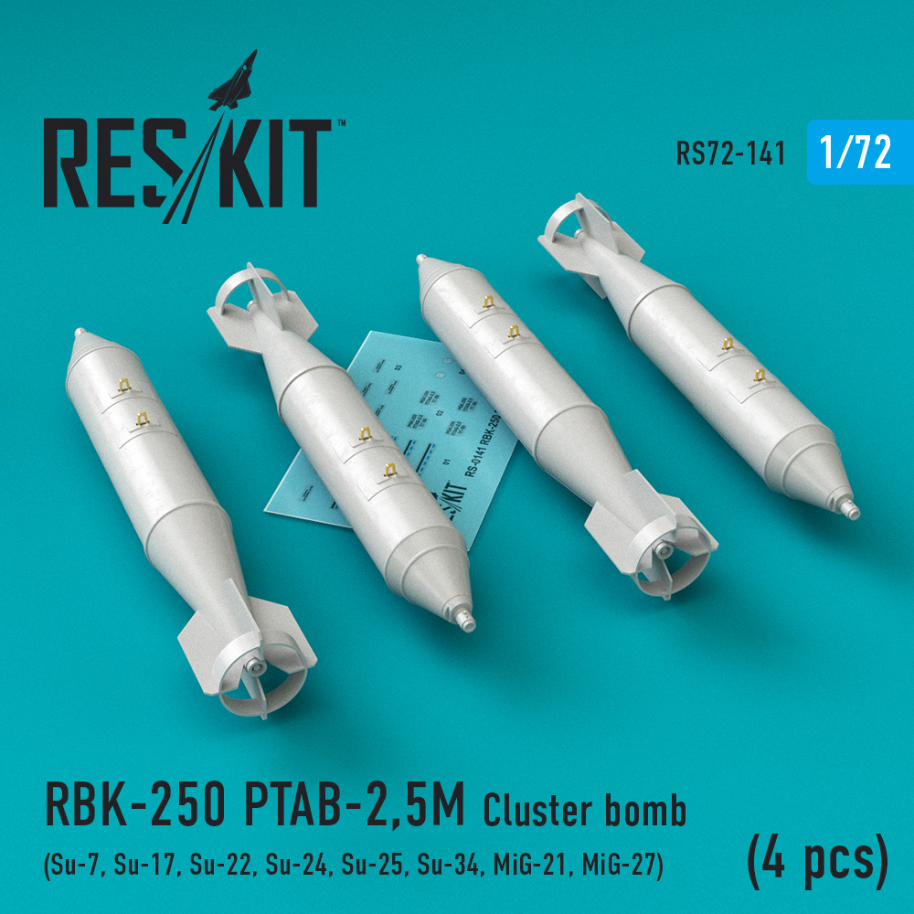 RBK-250 PTAB-2,5M Cluster bomb (4 pcs)  (Su-7, Su-17, Su-22, Su-24, Su-25, Su-34, MiG-21, MiG-27)  1/72 ResKit RS72-0141