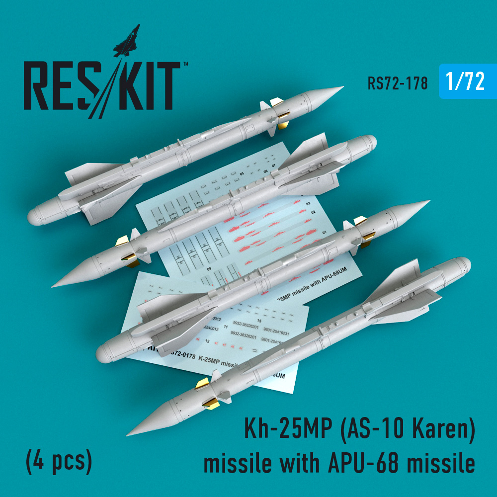 Kh-25MR (AS-10 Karen) ракета с АПУ-68 (4 шт.) (МіГ-23, МіГ-27, Су-17, Су-24, Су-25) 1/72 ResKit RS72-0178 Kh-25MR (AS-10 Karen) ракета с АПУ-68 (4 шт.) (МіГ-23, МіГ-27, Су-17, Су-24, Су-25) 1/72 ResKit RS72-0178