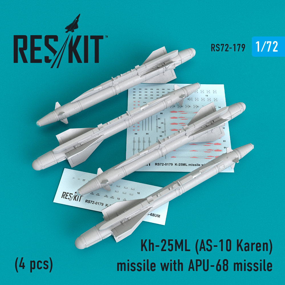 Kh-25MR (AS-10 Karen) ракета с АПУ-68 (4 шт.) (МіГ-23, МіГ-27, Су-17, Су-24, Су-25) 1/72 ResKit RS72-0179 Kh-25MR (AS-10 Karen) ракета с АПУ-68 (4 шт.) (МіГ-23, МіГ-27, Су-17, Су-24, Су-25) 1/72 ResKit RS72-0179