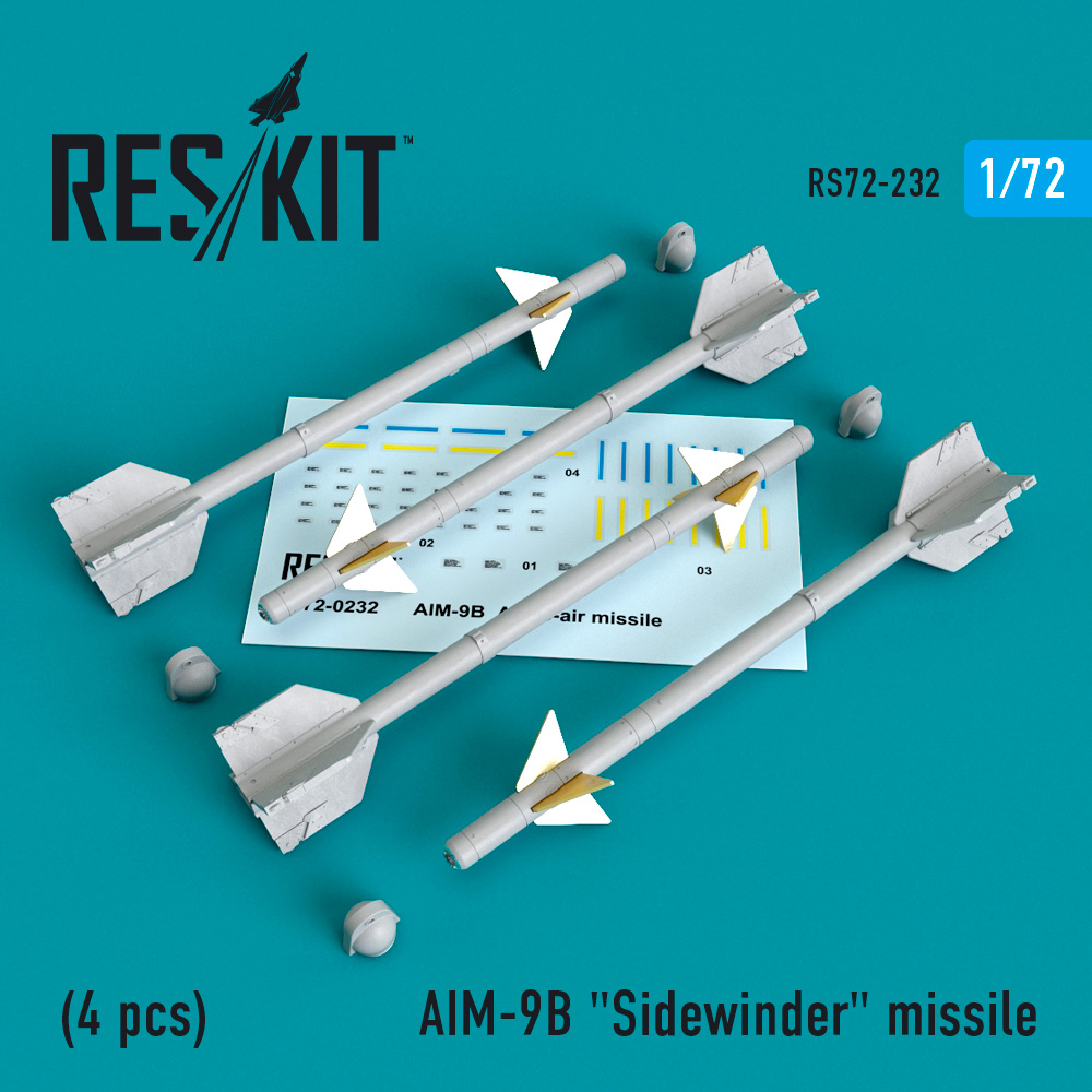 AIM-9B "Sidewinder" missile (4 PCS) A-4, A-7, F-4D1, F-4, F-8, F-3H,  F-11, F-86,F-100,  F-104, F-105,  Mirage III, Harrier 1/72 ResKit RS72-0232