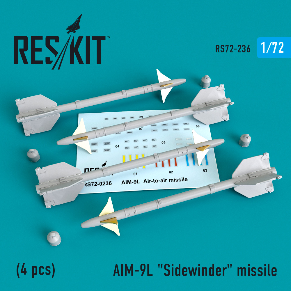 AIM-9L "Sidewinder"  missile (4 PCS) F4, F-5, F-15, F-16, F-18, F-22, F-111, Harrier, Tornado, Eurofighter, Hawk, Gripen  ResKit RS72-0236